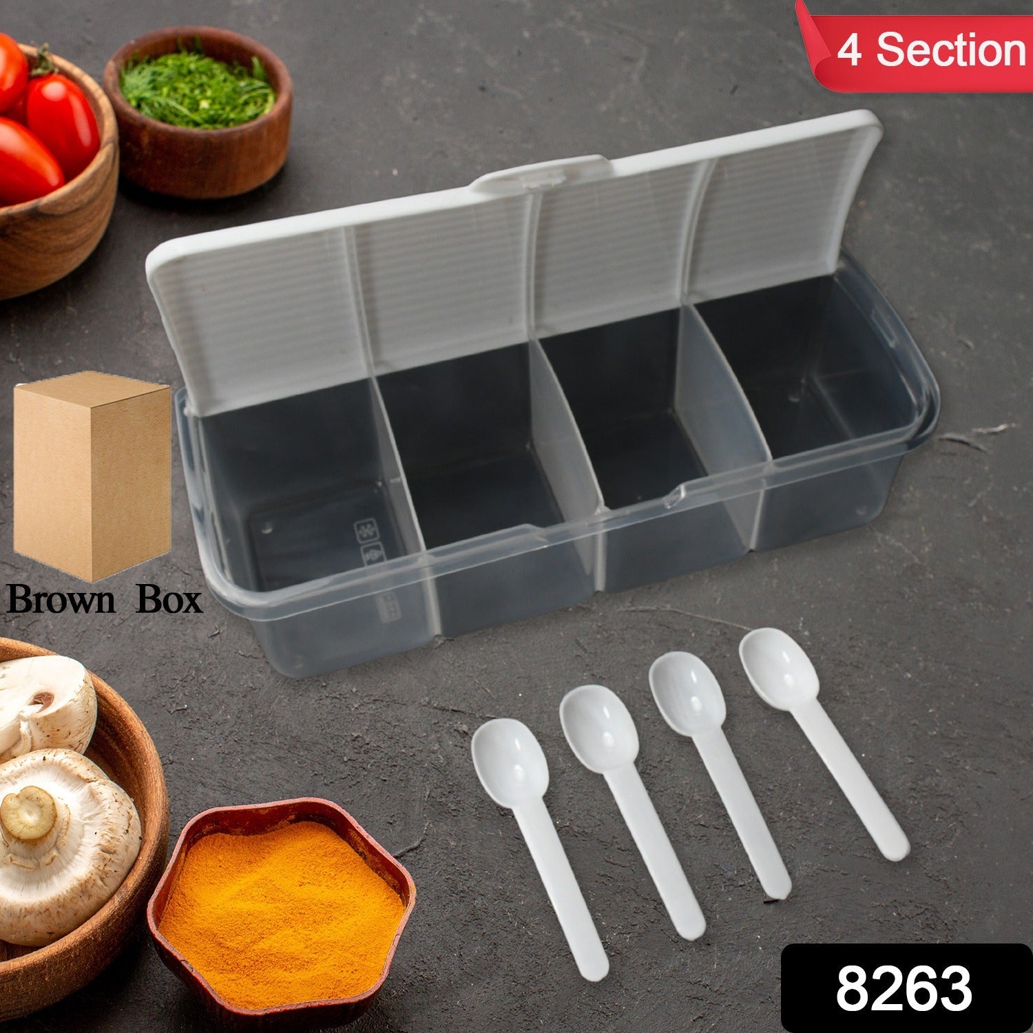 8263 Kitchen Multipurpose Air-tight 4 Sections Storage Containers / Masala Box Pickle (Achar) Jar with 4 spoon for each section (1 Pc / Mix Color) 8263 Kitchen Multipurpose Air-tight 4 Sections Storage Containers / Masala Box Pickle (Achar) Jar with 4 spoon for each section (1 Pc / Mix Color)